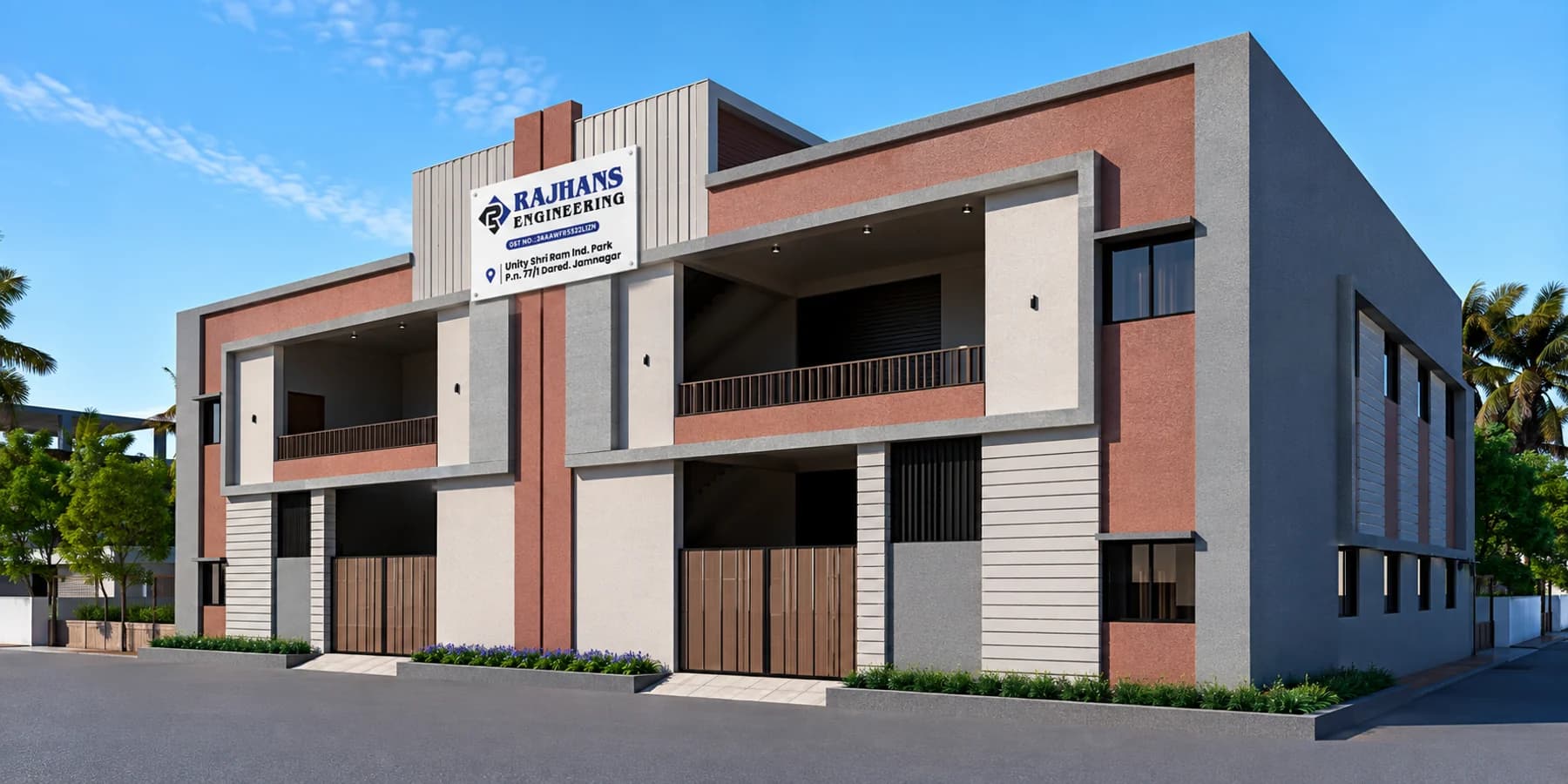 Architectural render of the Rajhans Engineering works at Unity Shri Ram Industrial Park, Dared, Jamnagar