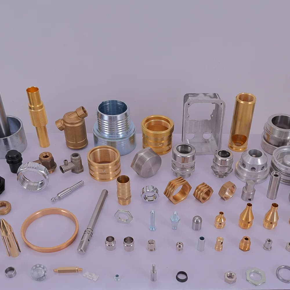 Brass, stainless, aluminium and copper components from across the range, laid out together